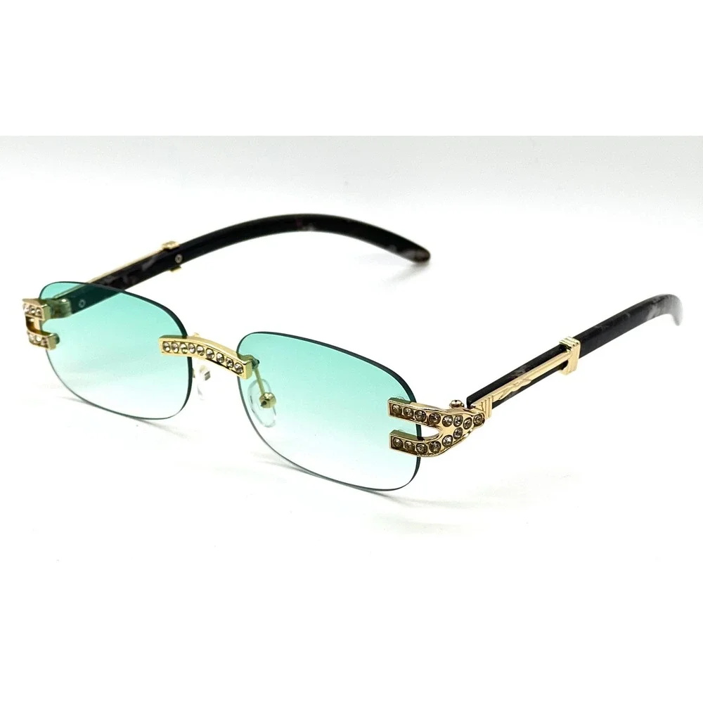 Women's Rimless Oval Gradient Green Rhinestone Accent Sunglasses Gold Tone Gafas
